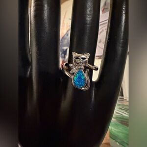 Sterling Silver 925 Cat Ring: Blue Aurora Opal Size 6 Cute Kitten